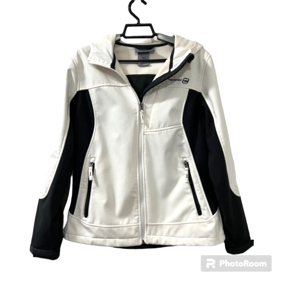 Free Country Womens White Black Fleece Lined Hooded Softshell Jacket Medium